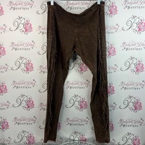 Leggings fringe rhinestone studs tie dye distress sides Brown Lace-Up Leggings